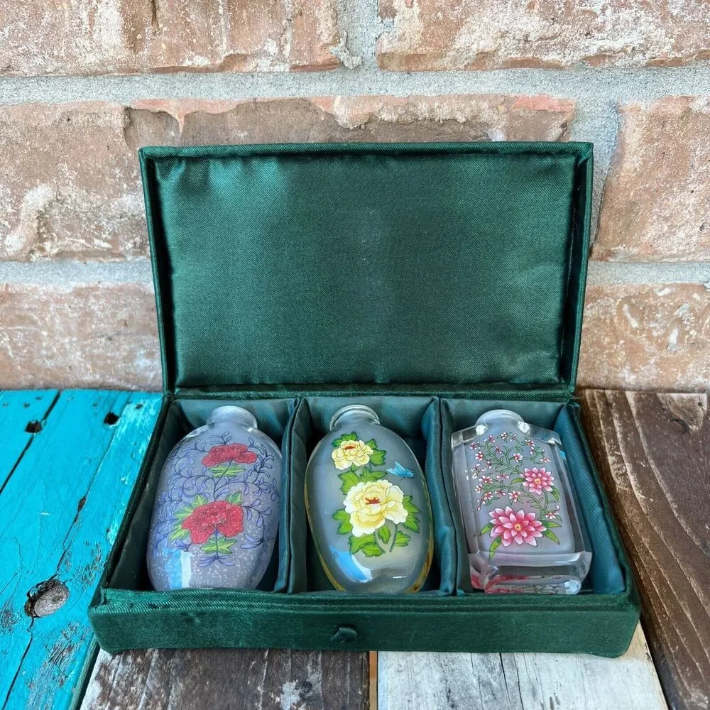 Asian Floral Bottles From Pier 1 Painted Bottles Flower Design Box Set of 3